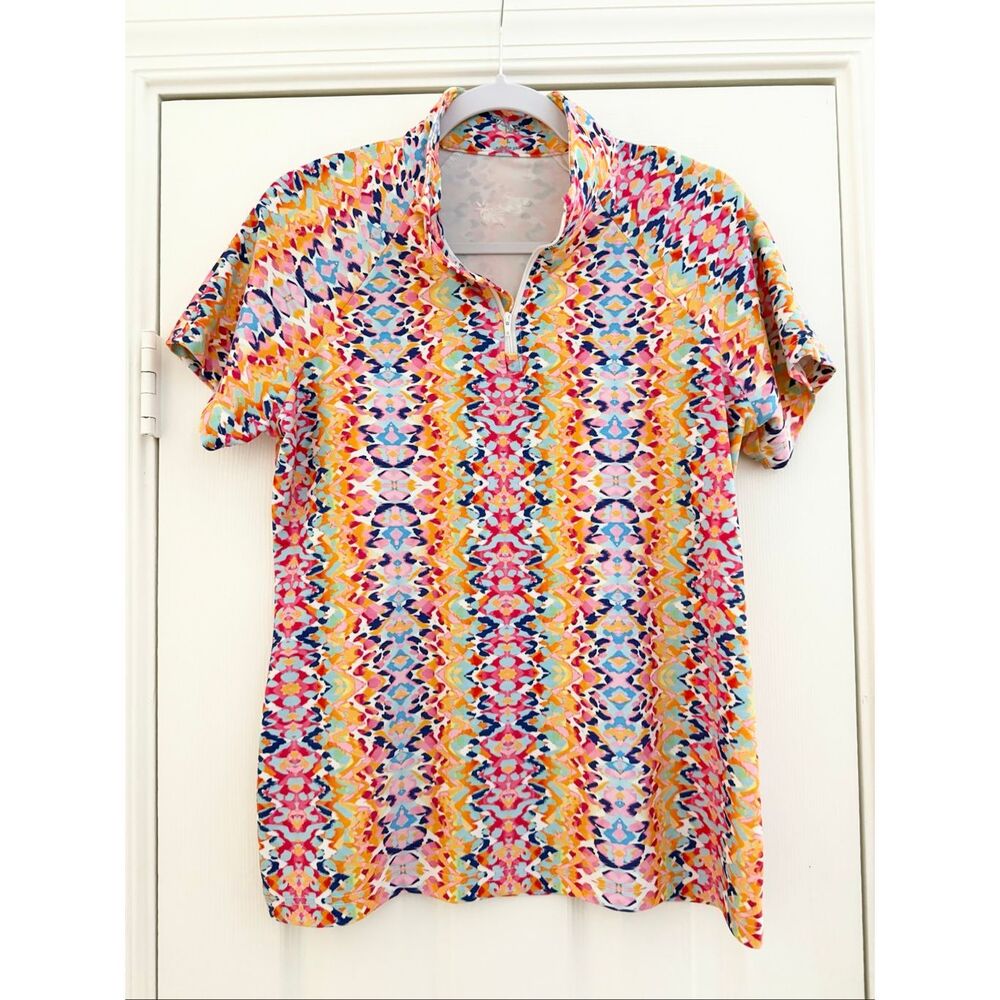 Tzu‎ Tzu Kaleidoscope Abstract Print Polo Short Sleeve Zip Lucy Golf Shirt L